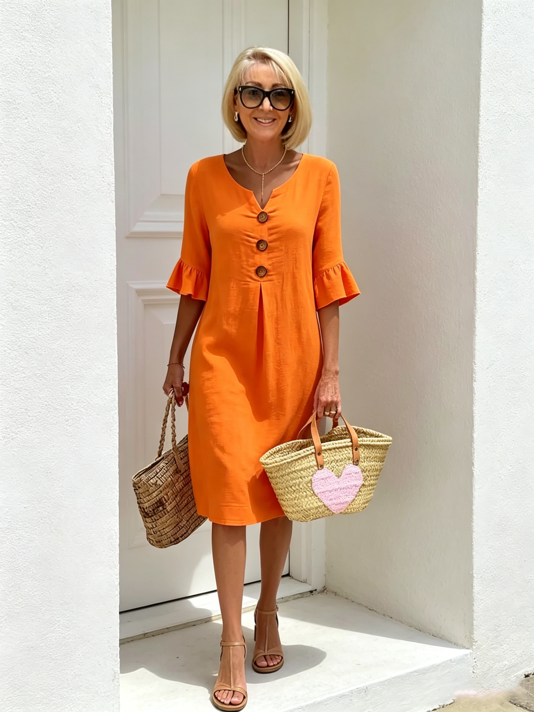 Cotton and Linen V-neck Large Button Lotus Leaf Sleeve Design Dress