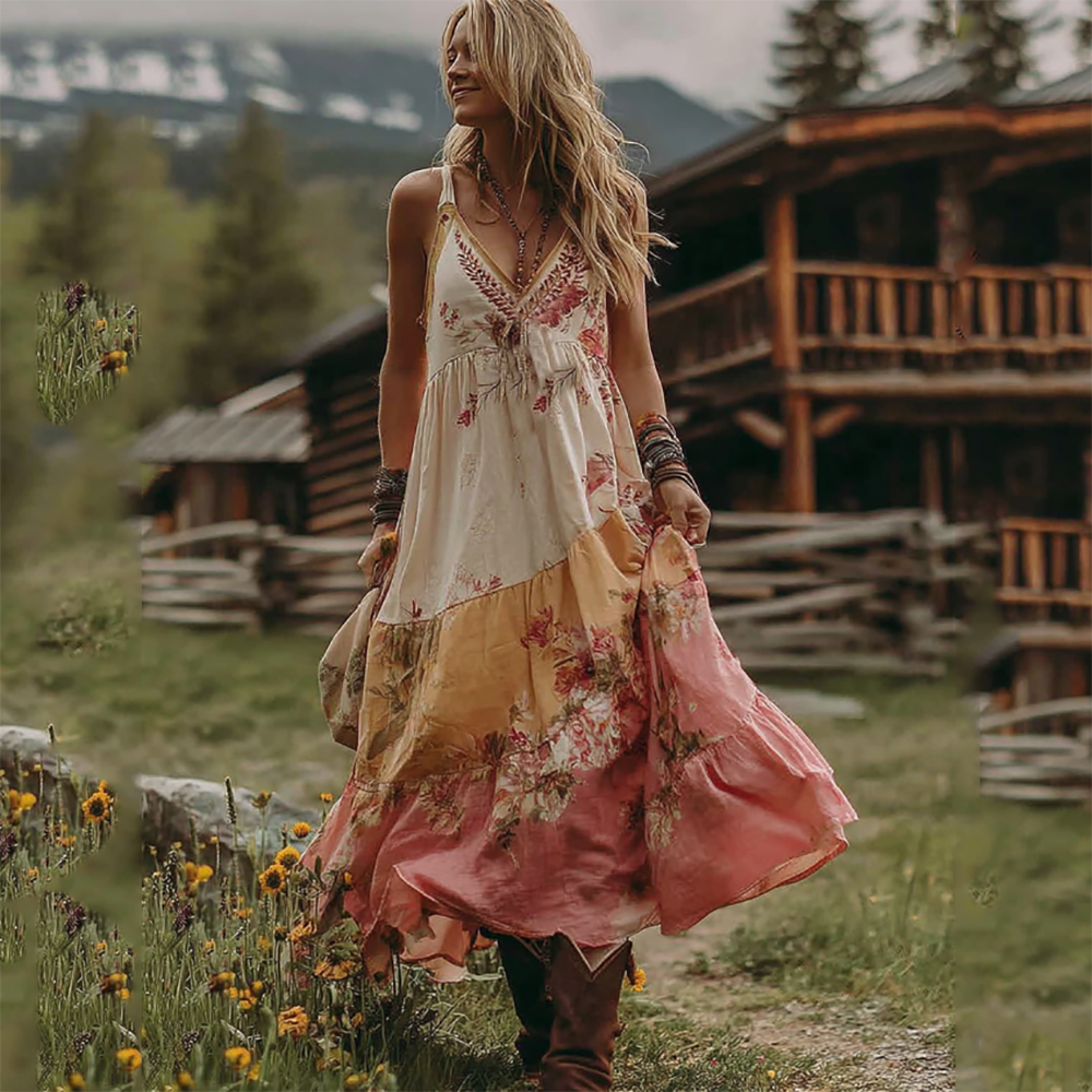 Women's Boho Floral Art V Neck Comfy Sleeveless Maxi Dress