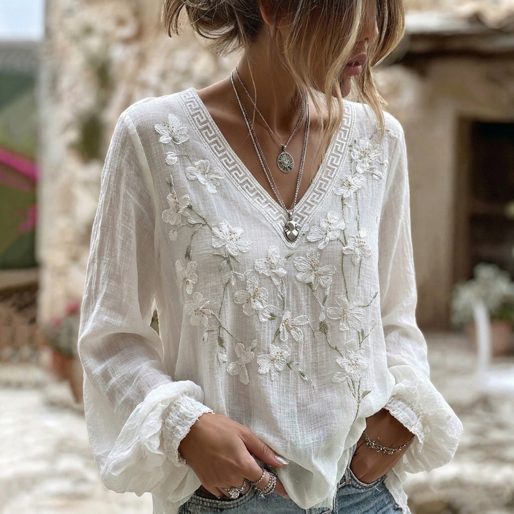 Women's Japanese Floral Art Print V Neck Long Sleeve Linen Blend T-shirt