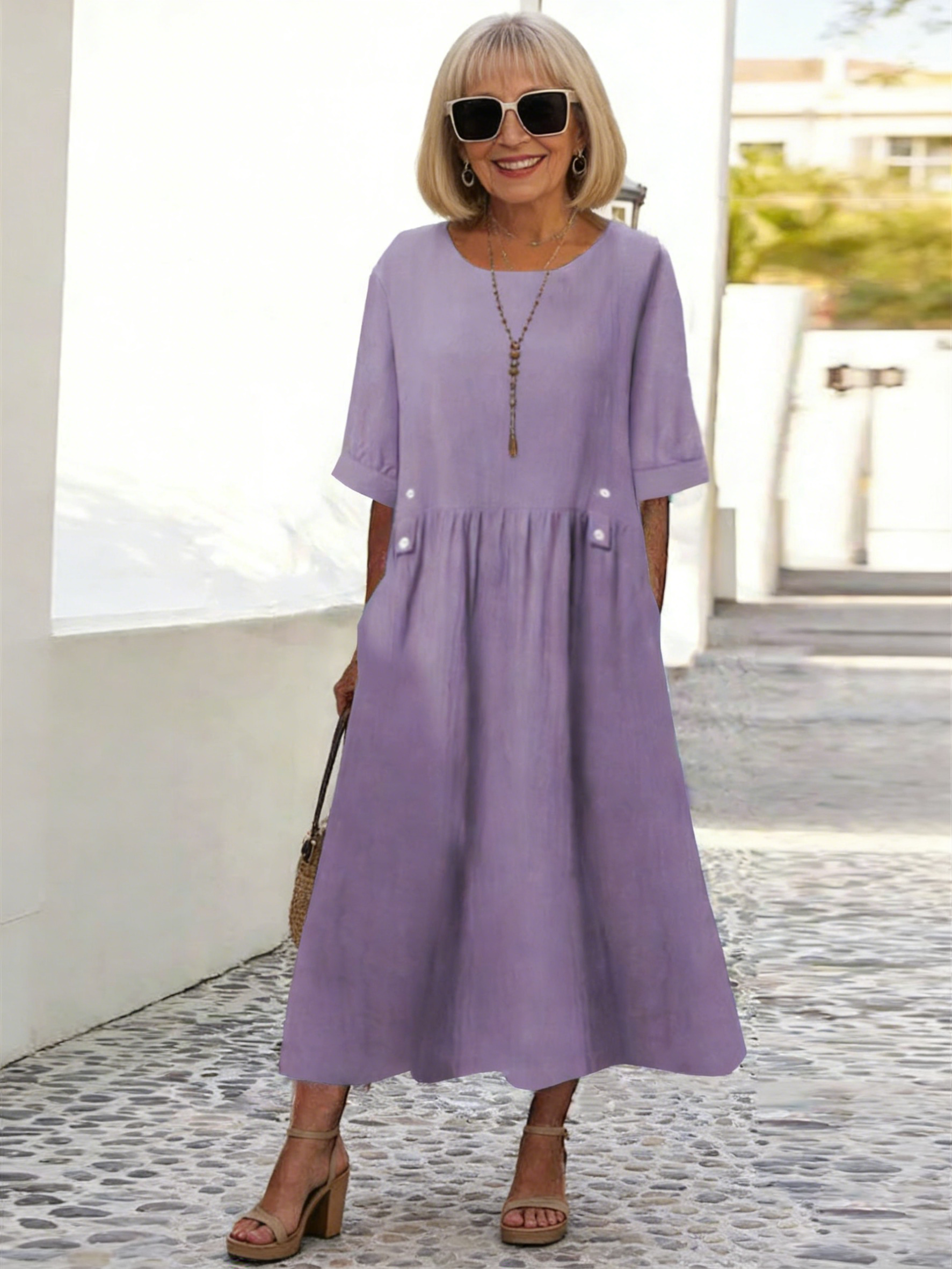 Summer Short-sleeved Cotton and Linen Dress Hot-selling Round Neck Loose Medium and Long Large Size Skirt