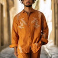 Rustic Orange Embroidered Shirt With Tropical Leaves Design