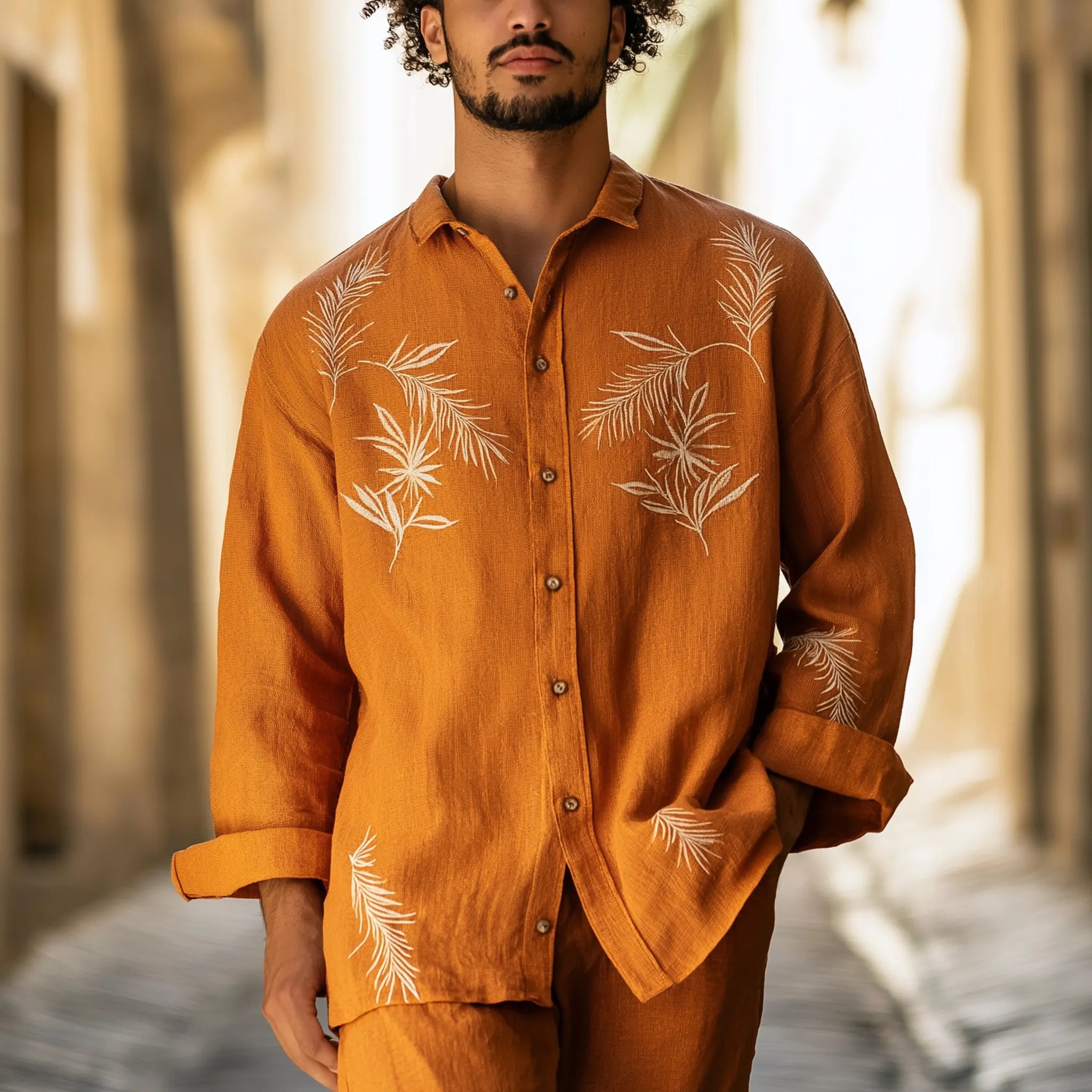 Rustic Orange Embroidered Shirt With Tropical Leaves Design