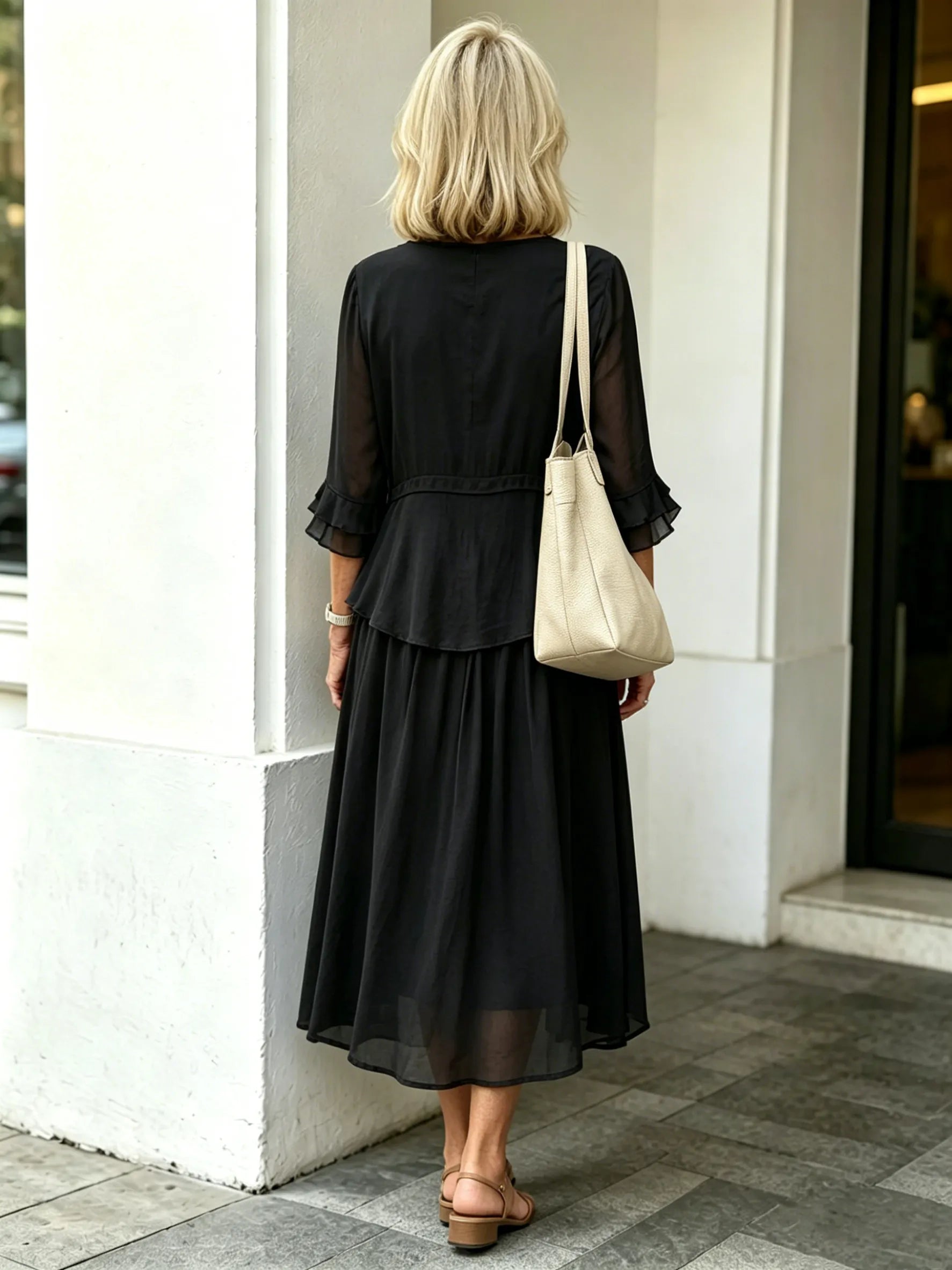 Purple Fake Two-Piece Tiered Chiffon Midi Dress, Round Neck Ruffle 3/4 Sleeve Loose Tummy Concealing Age-Reducing Dress for Mature Women