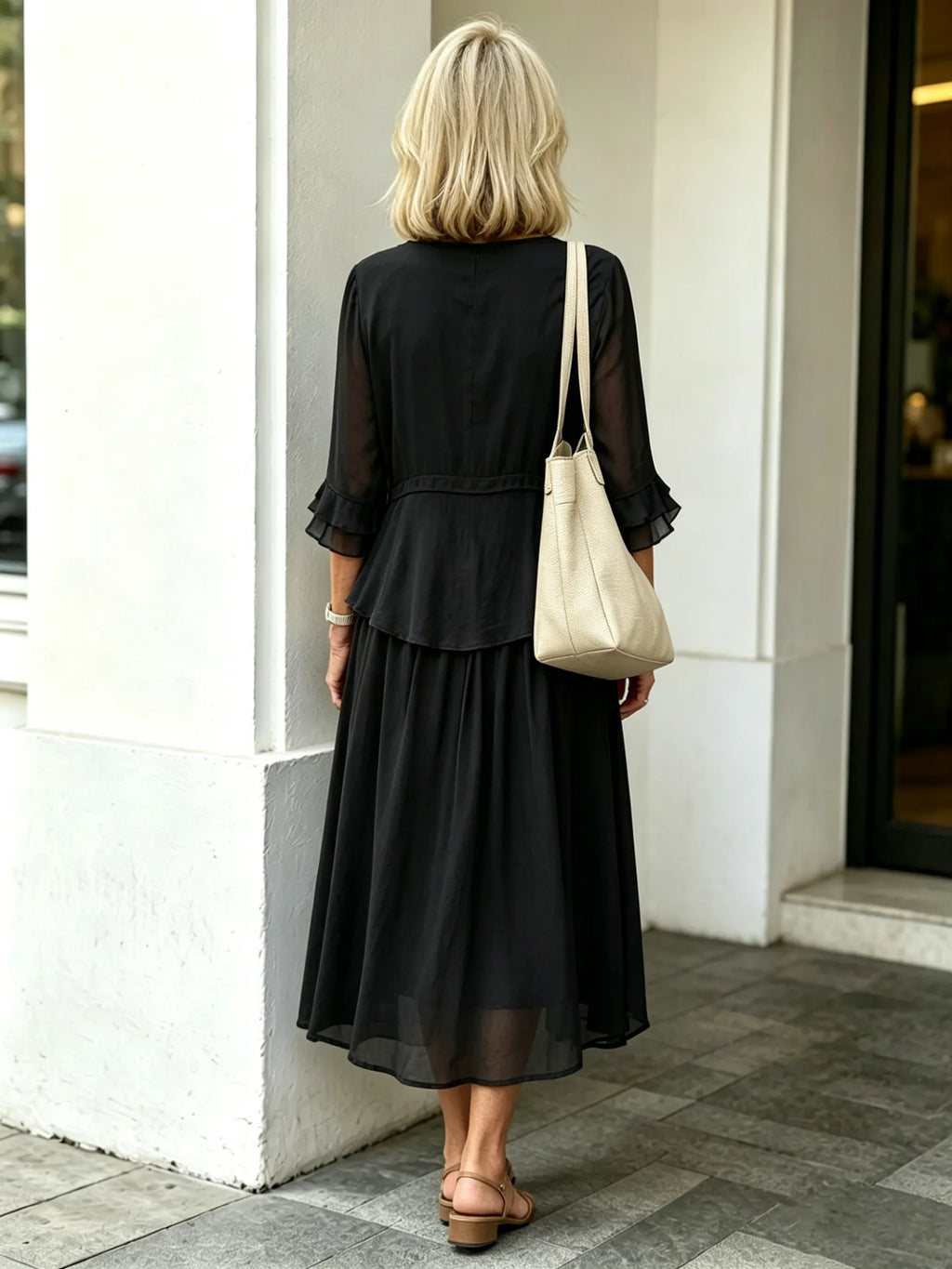 Purple Fake Two-Piece Tiered Chiffon Midi Dress, Round Neck Ruffle 3/4 Sleeve Loose Tummy Concealing Age-Reducing Dress for Mature Women