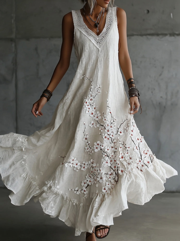 Vintage Japanese Cherry Blossoms Art V Neck Linen Sleeveless Maxi Dress
