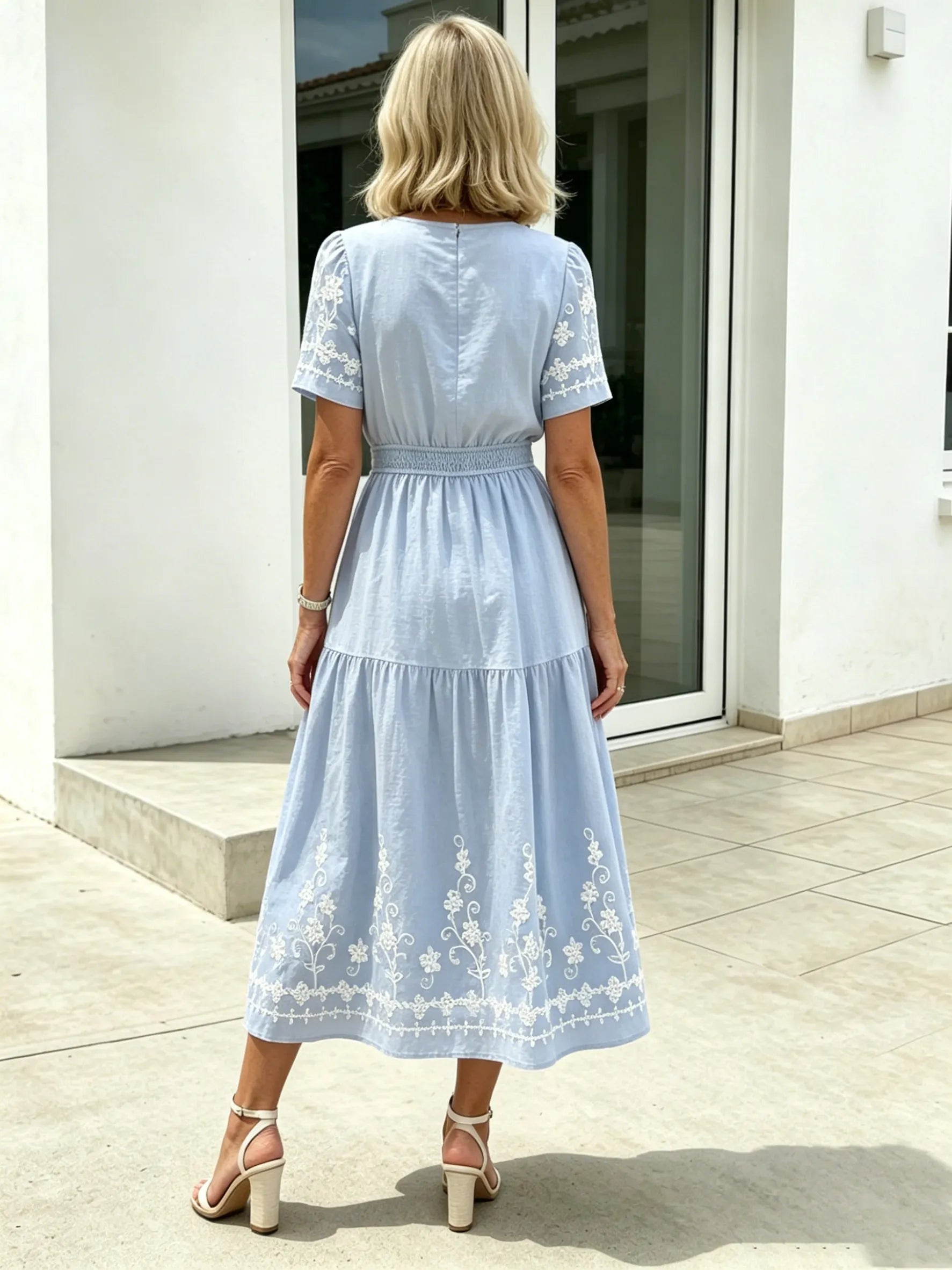 Simia Floral Short-sleeved Dress V-neck A-shaped Skirt