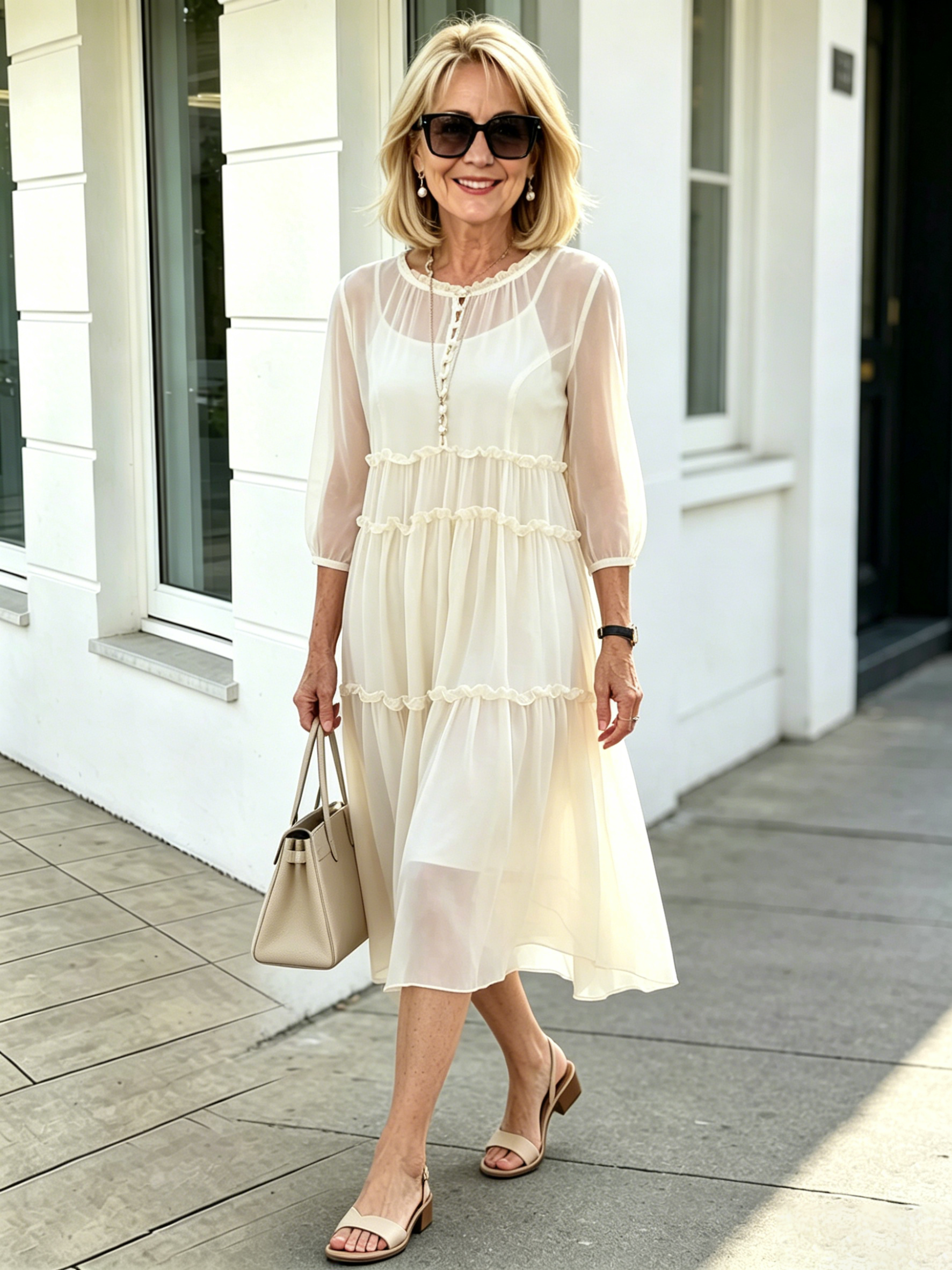 Light Blue Tiered Ruffle Chiffon Midi Dress, Round Neck Flutter Short Sleeve Loose Plus Size Elegant Women Dress