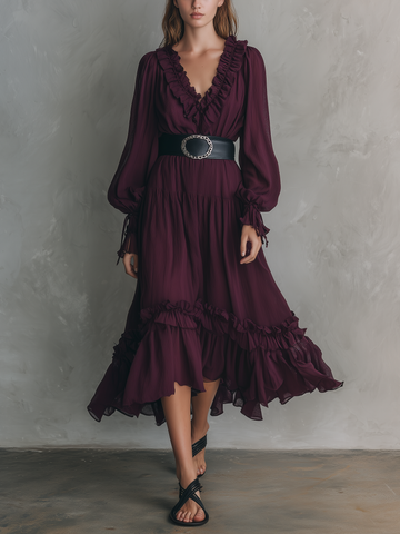 Women's Casual Fuchsia Chiffon V-Neck Long-Sleeve Midi Dress (Belt Not Included) MDZ2779D5LXY