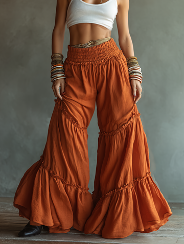 Women's Minimalist Linen-Blend Wide-Leg Pants With Elastic High Waist And Ruffles MDZ2572D4Y