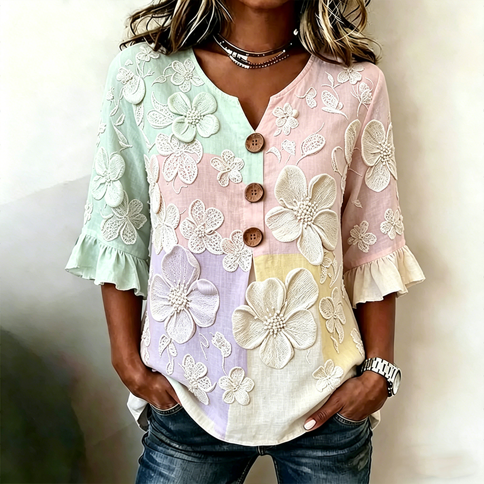 Colorful Color Design Flower Pattern Casual Linen Top