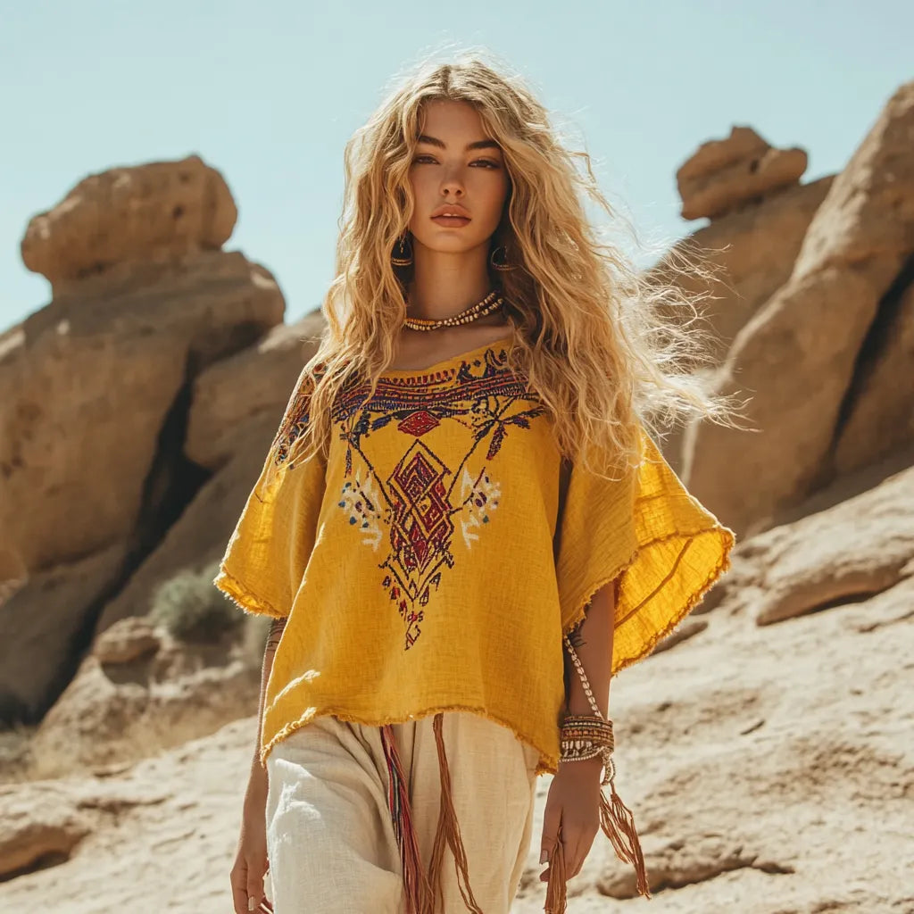 Desert Style Holiday Bohemian Vintage Linen Casual Top