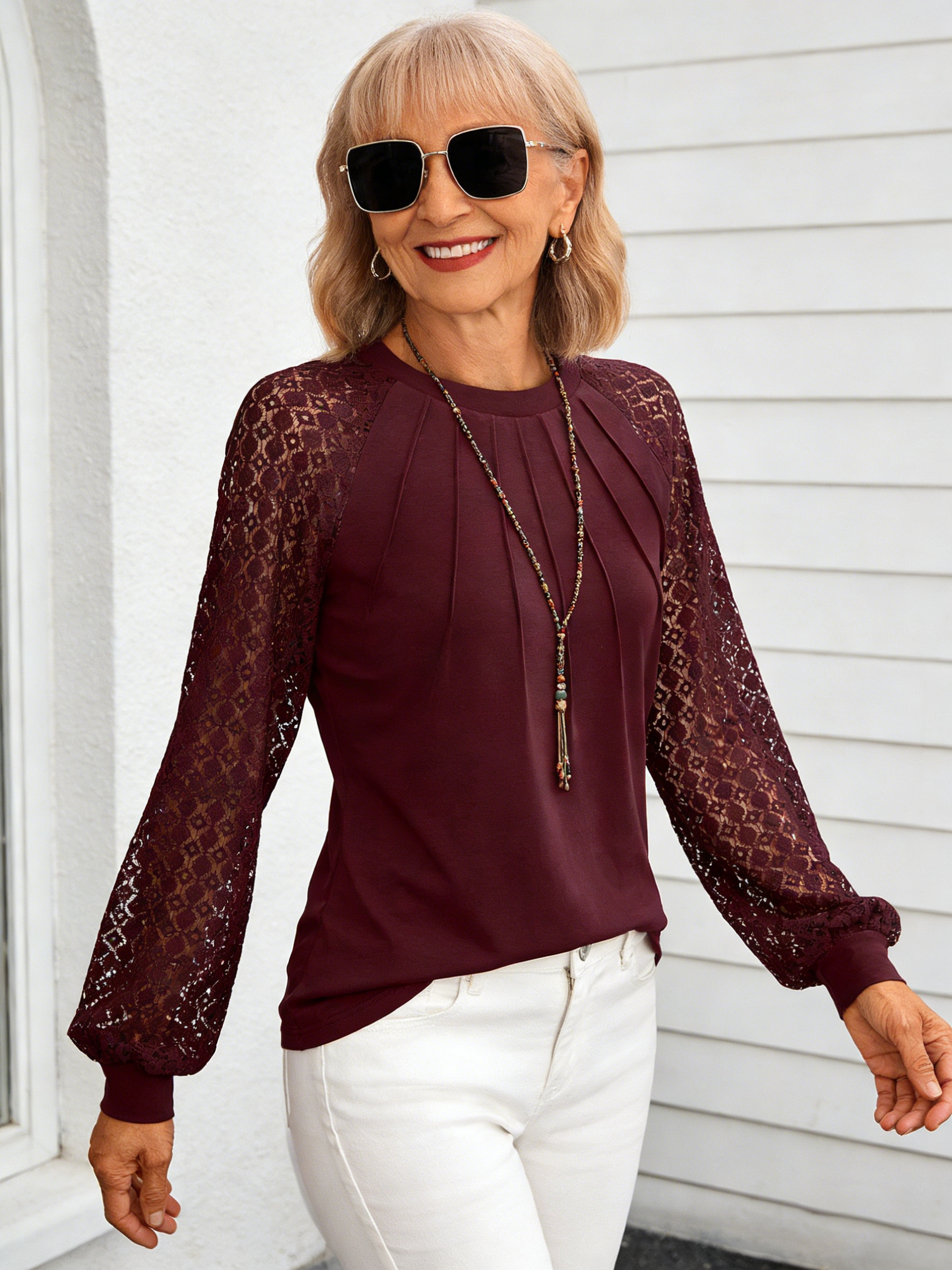 Knitted Lace Splicing Long Sleeve Crew Neck Hollow Top