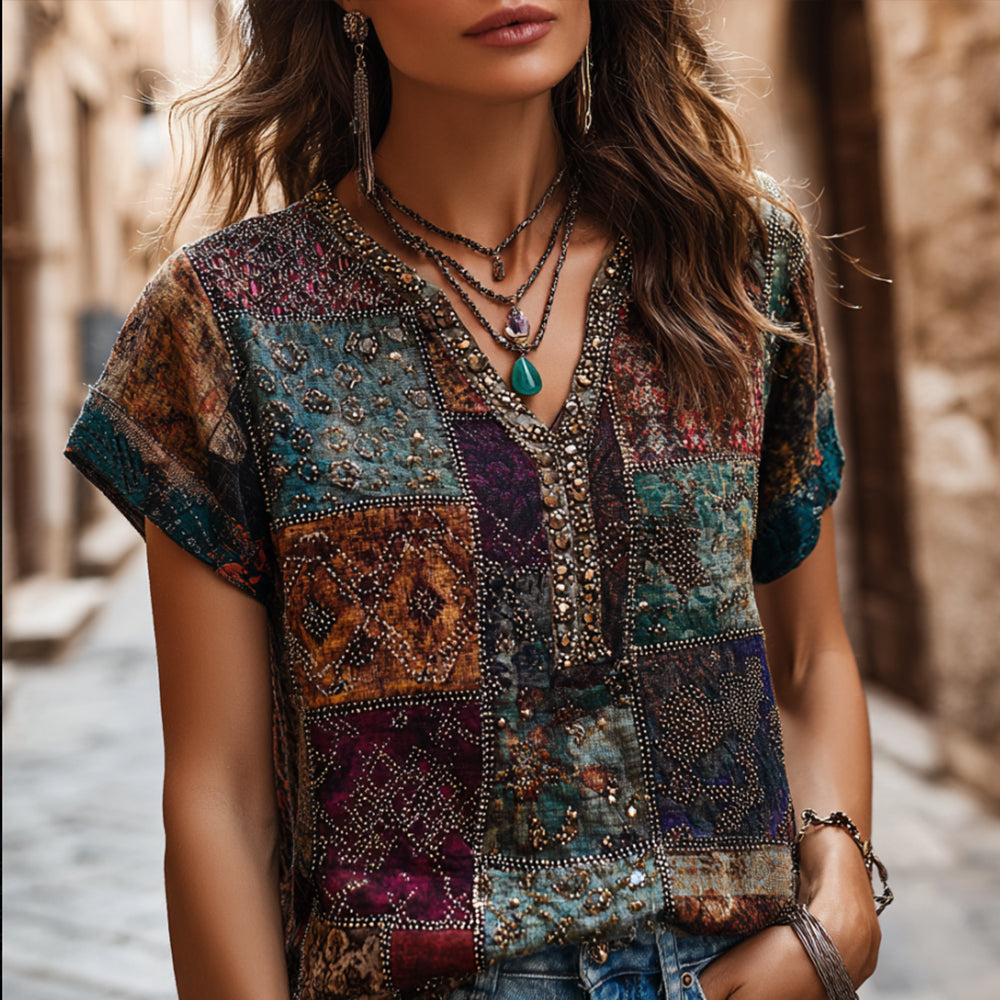 Vintage Bohemian Geometric Patchwork Sequin Short Sleeve Top
