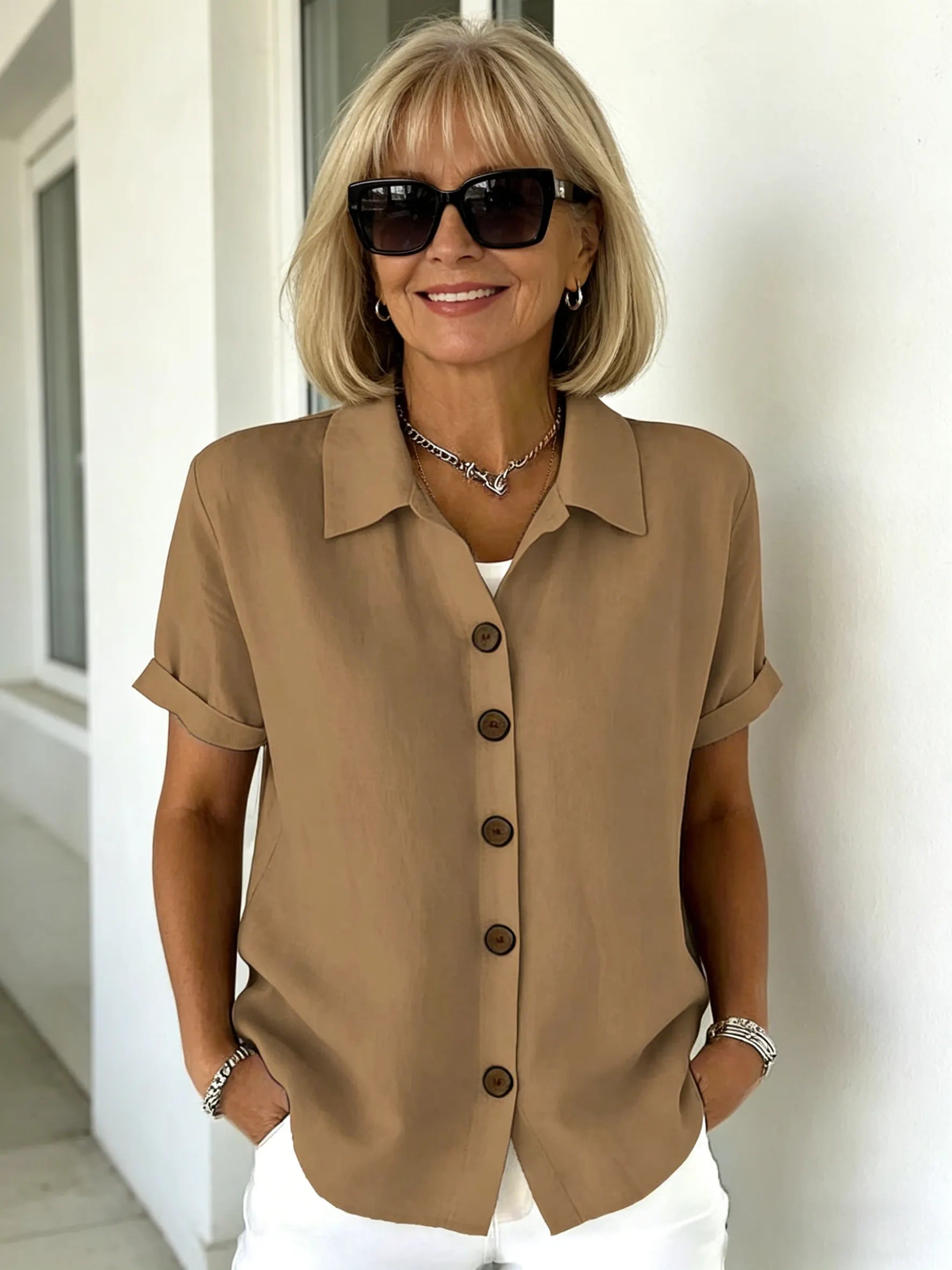 Casual Comfortable Button Cotton and Linen Women's Short Sleeve Shirt