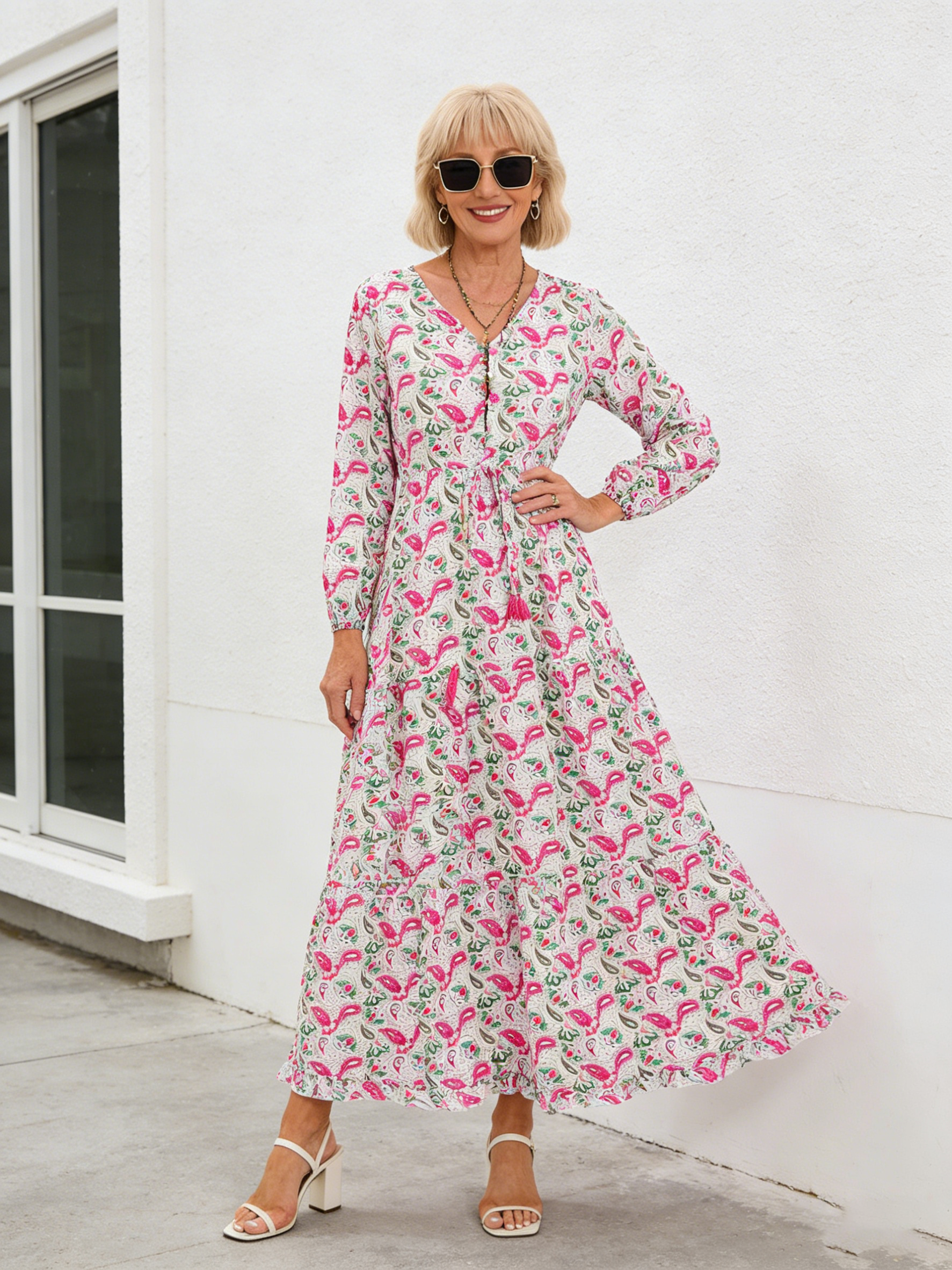 Women Floral Boho Dress Casual Long Sleeve High Elastic Waist Ruffle A-Line Flowy Maxi Dresses