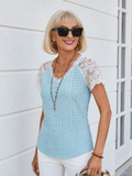 Textured Fabric New V-neck Lace Splicing Loose Casual Hole T-shirt