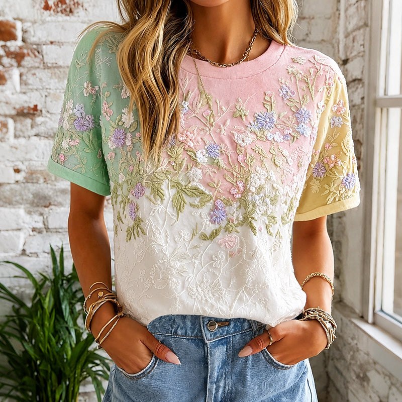 Women's Retro Floral Art Embroidery Color Block Cotton Linen Casual T-shirt
