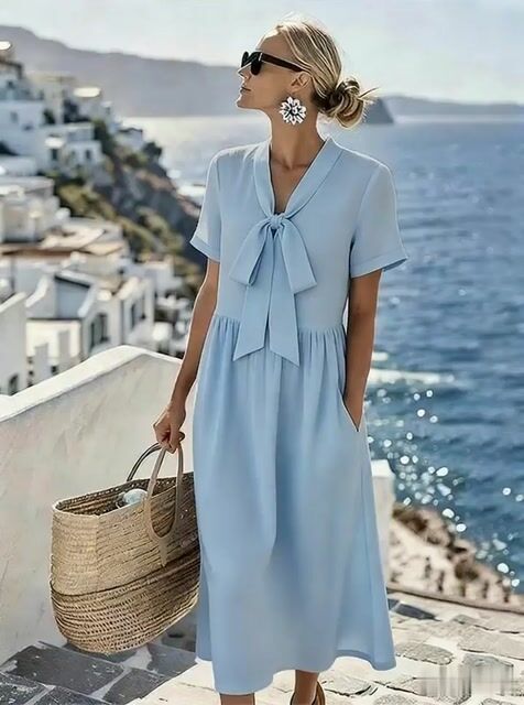 Women'S Solid Color Short-Sleeved Vacation Dress