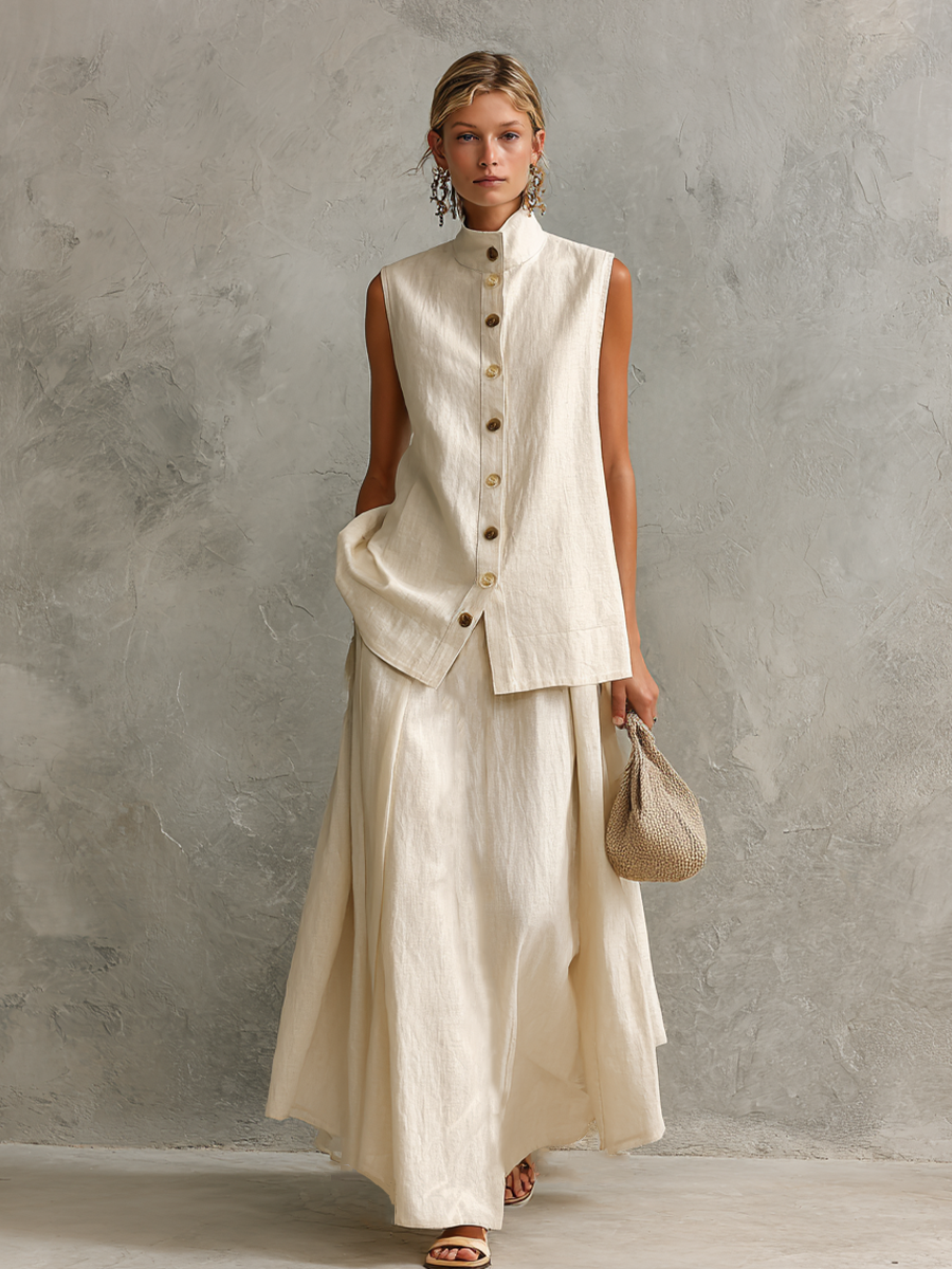 Women's Relaxed Off-White Linen-Cotton Two-Tone Button Stand Collar Sleeveless Vest And Maxi Skirt Two-Piece Set MDZ2485D5GMJ