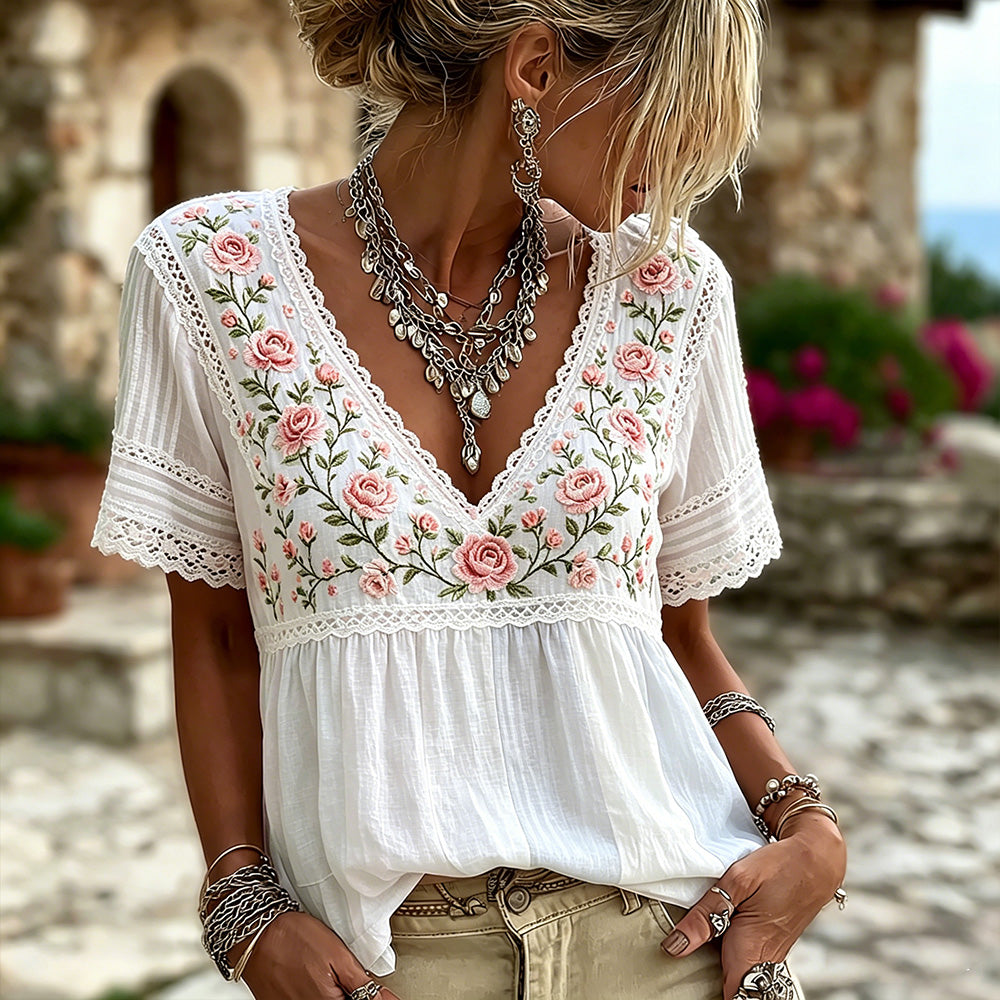 Women's Retro Rose Lace Art Embroidery Color Block Splicing Comfortable Cotton Linen V-neck Short Sleeve T-shirt