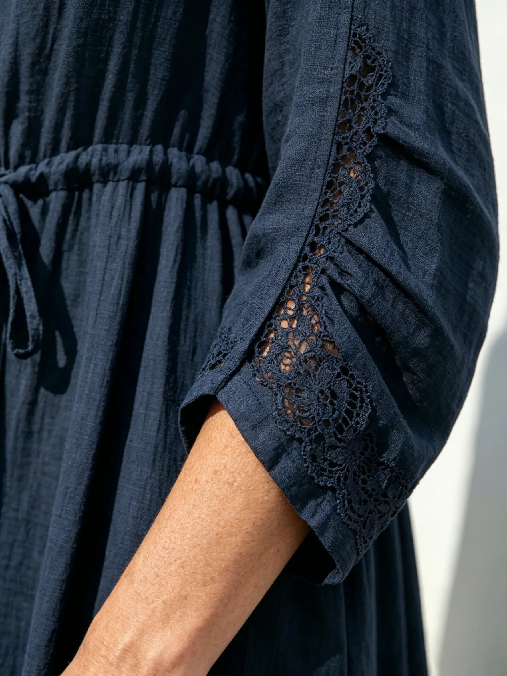 Embroidered Seven-quarter-sleeved Dress for Women's Loose and Thin Lace-up Waist Mid-length Dress