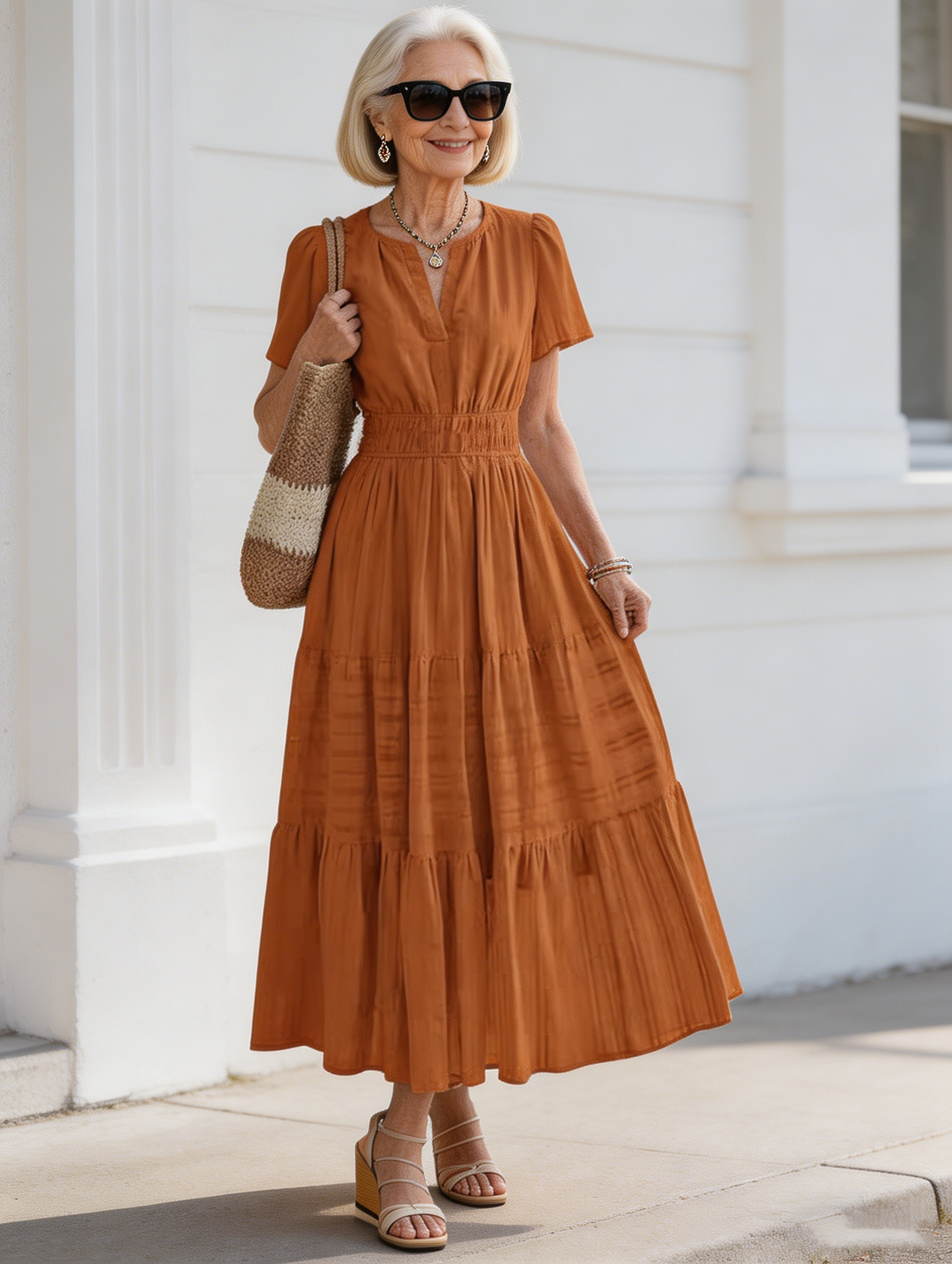 Cotton Fashion V-neck Pleated Bubble Sleeves Layered Pendulum Dress Women