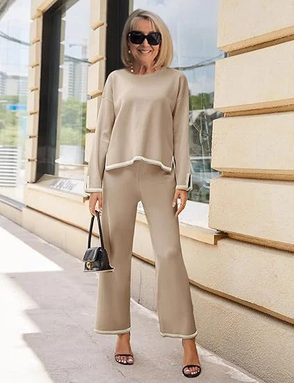 Contrasting Color Split-ended Long-sleeved Knitted Sweater High-waisted and Thin Wide-leg Pants and Trousers Two-piece Set