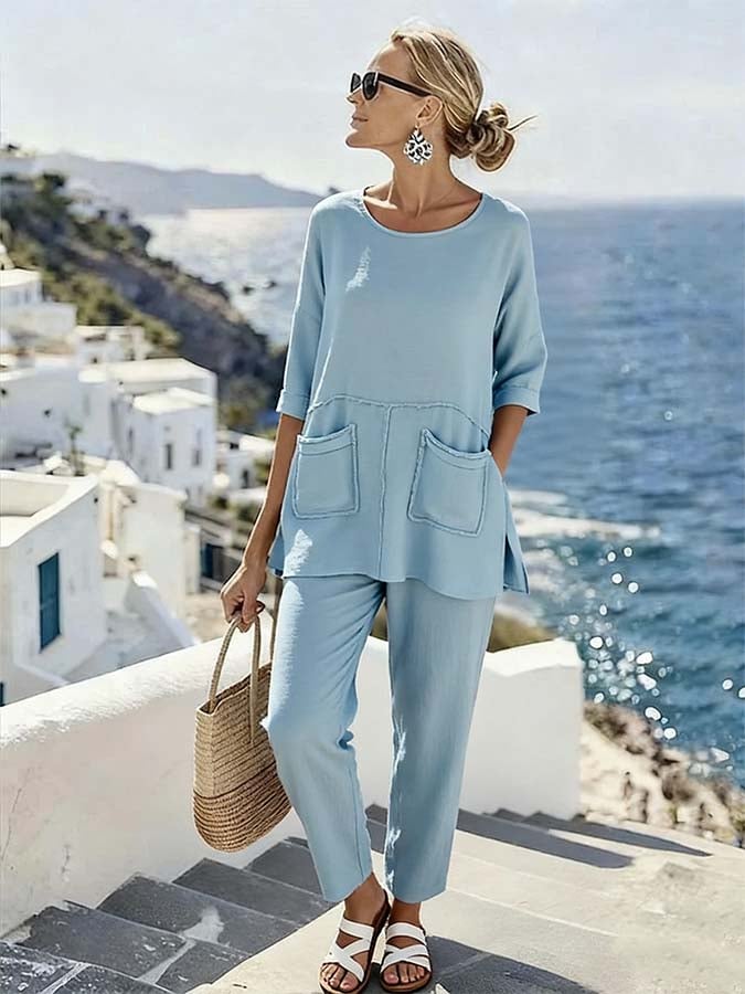 Women'S Casual Solid Color Top And Pants Set With Side Slits.