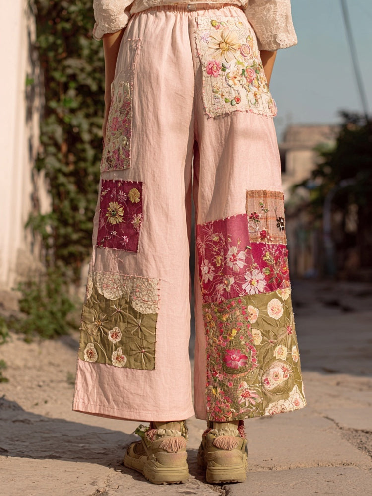 Vintage Boho Floral Embroidered Patchwork Linen Trousers