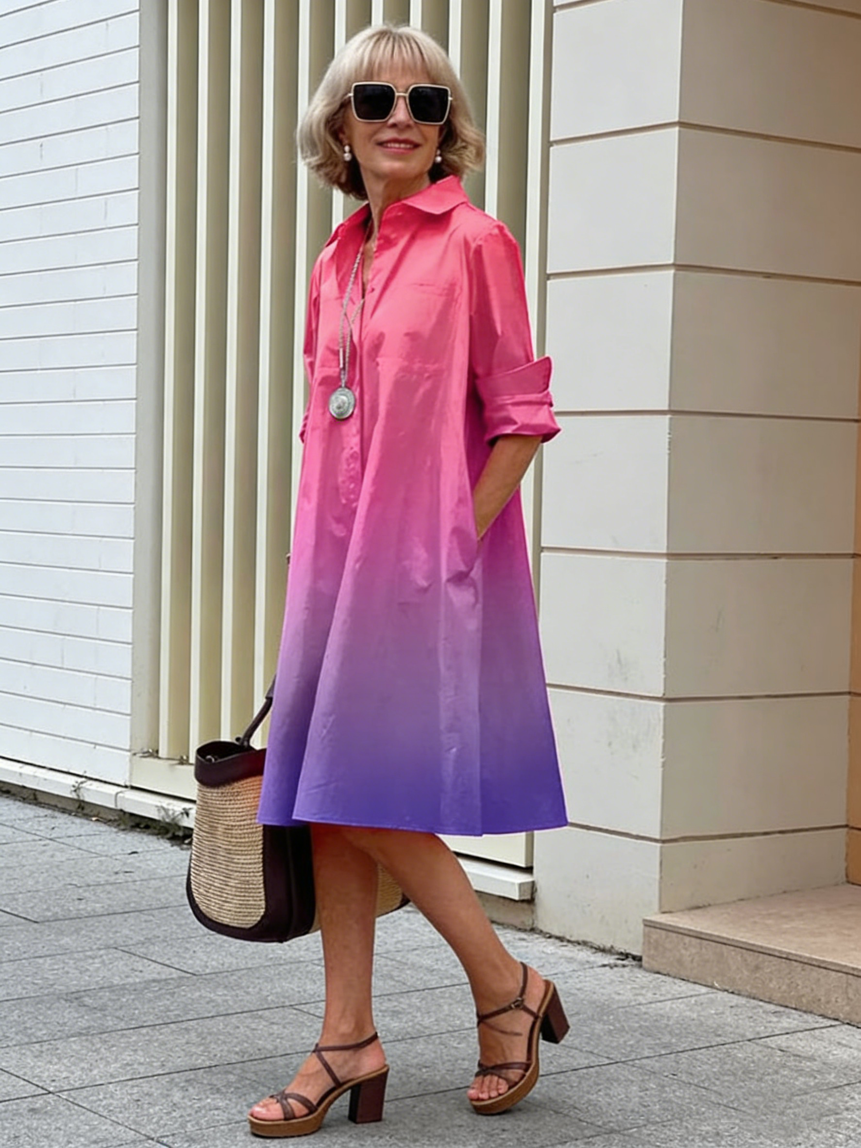 Holiday Bohemian Maxi DressDot Printed Mid-Length Long Sleeve Shirt Dress for Women