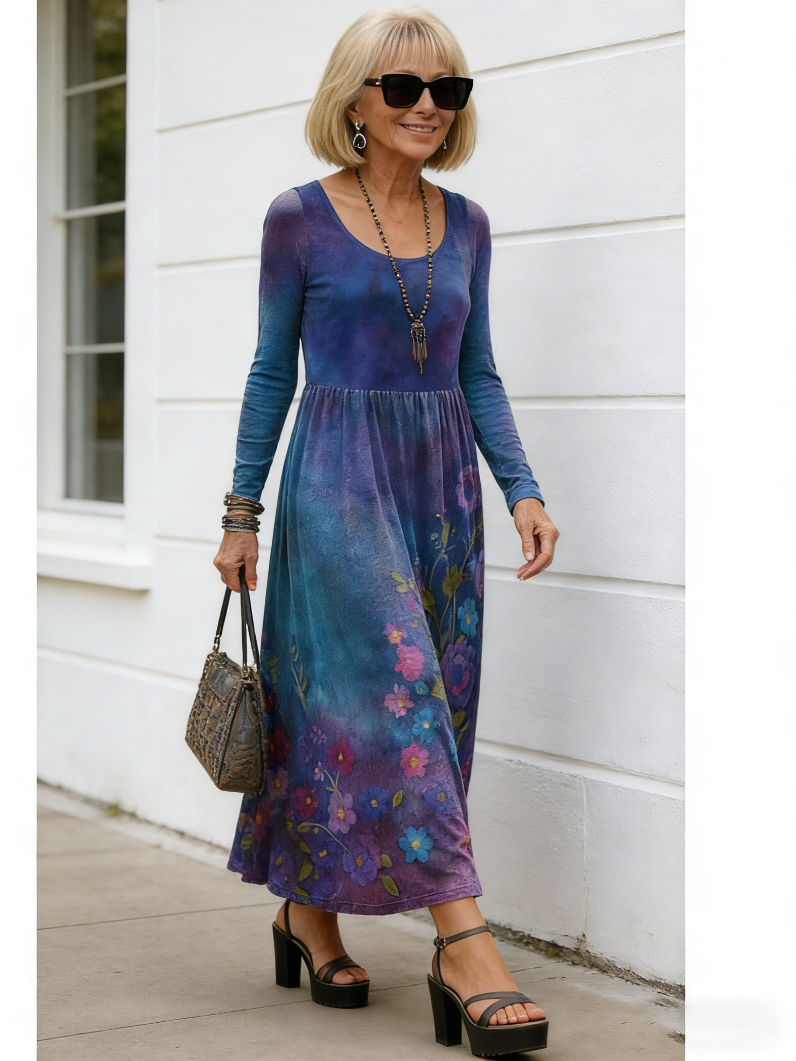 Fashion Crew Neck Long Sleeve Women's Print Flower Pattern Medium Dress Women's Dress