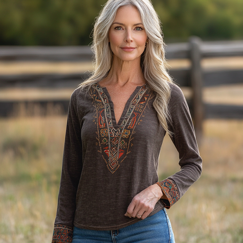 Women's Vintage Linen Elegant Bohemian Embroidered V-neck Tops