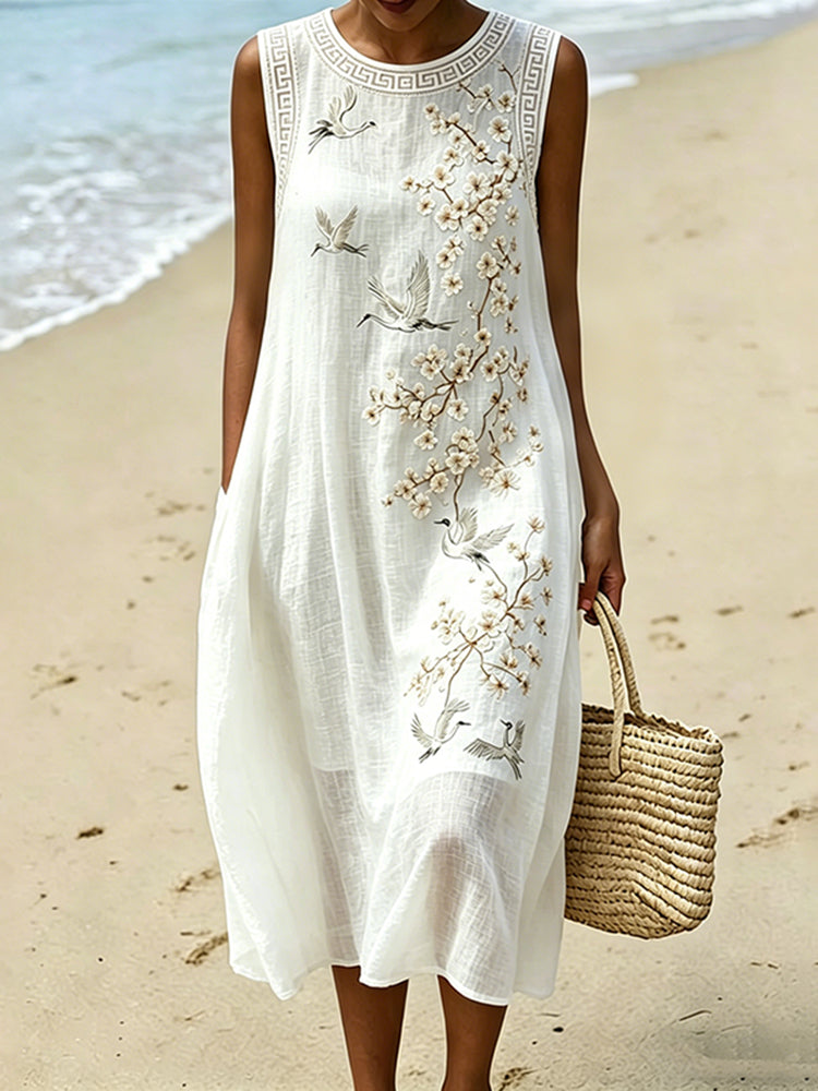 Japanese Style Cherry Blossom And Cranes Art Cotton Linen Sleeveless Dress