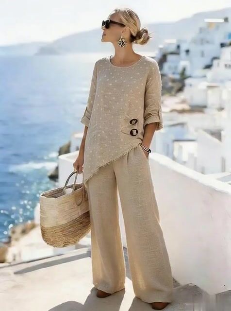 Women'S Casual Polka Dot Print Cotton And Linen Two-Piece Set