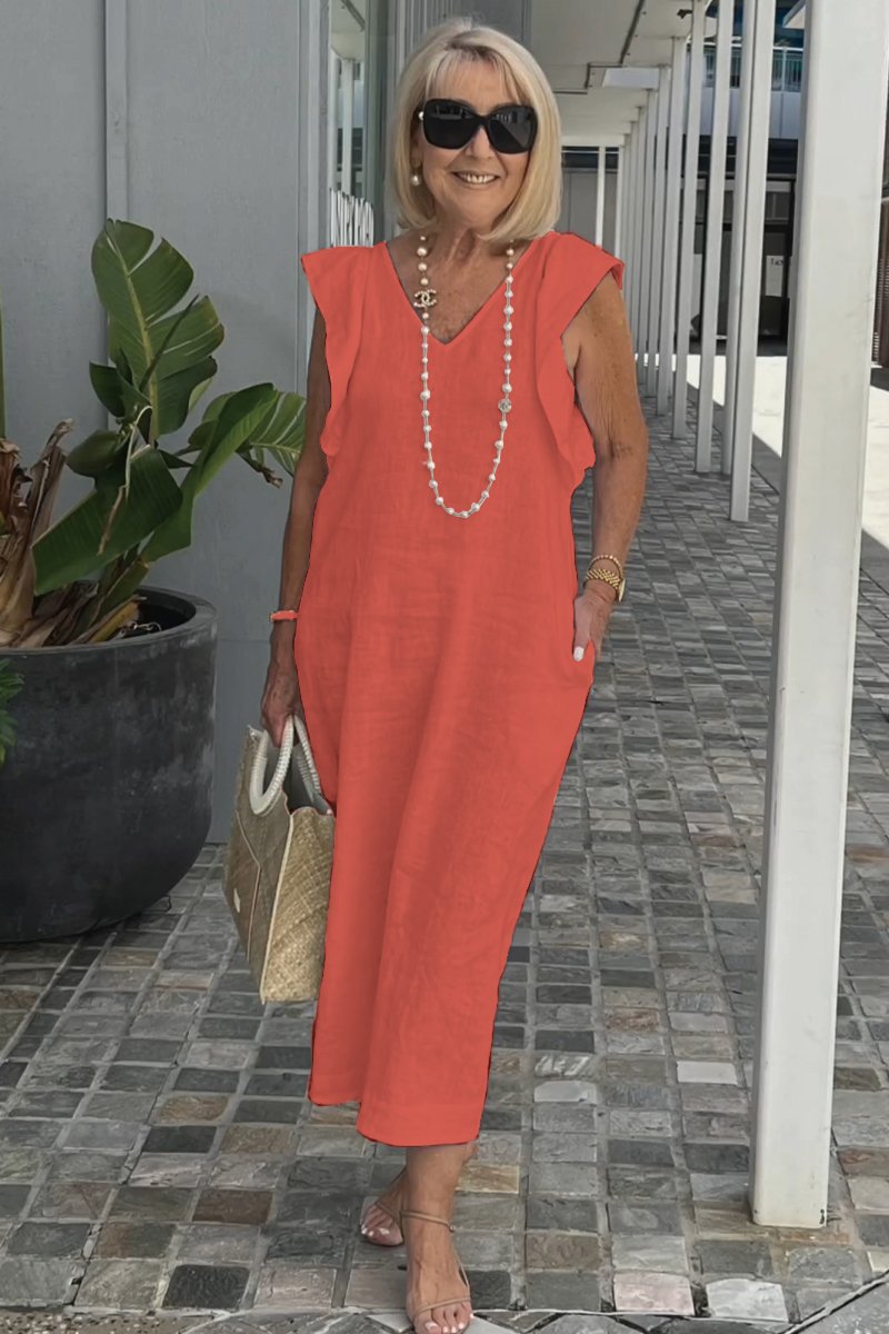 Casual Dress with Ruffle Sleeves,Back Adjustment Rope,Deep Pockets,Pure White Formal Dress, Evening Dress