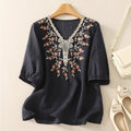 Women's Artistic Floral Embroidered Cotton Linen Casual Top