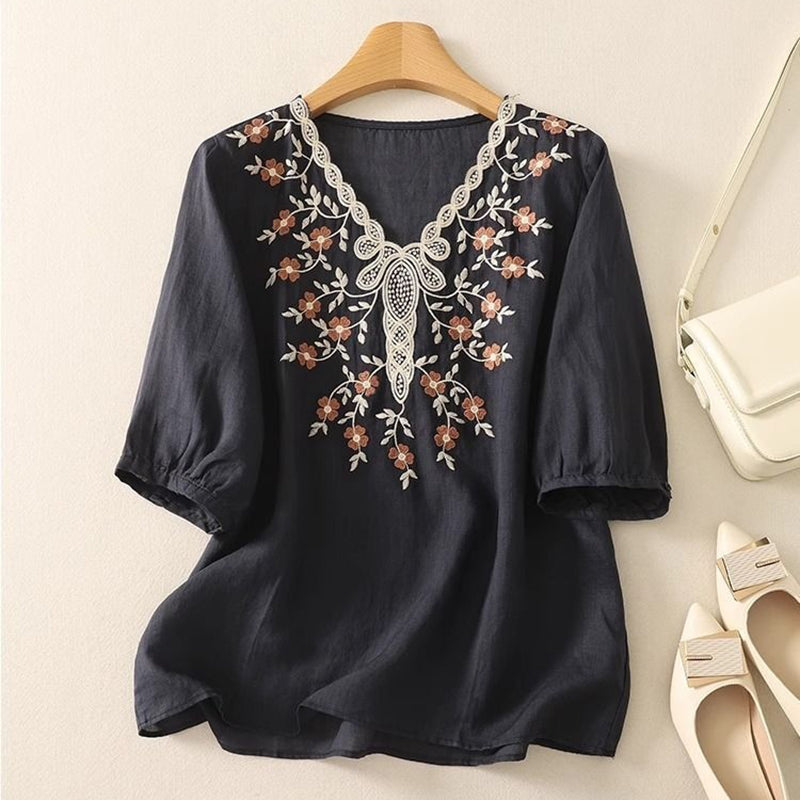 Women's Artistic Floral Embroidered Cotton Linen Casual Top
