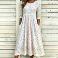 Retro Cherry Blossom Art Embroidery Striped Comfortable Cotton Linen Refreshing Round Neck Dress