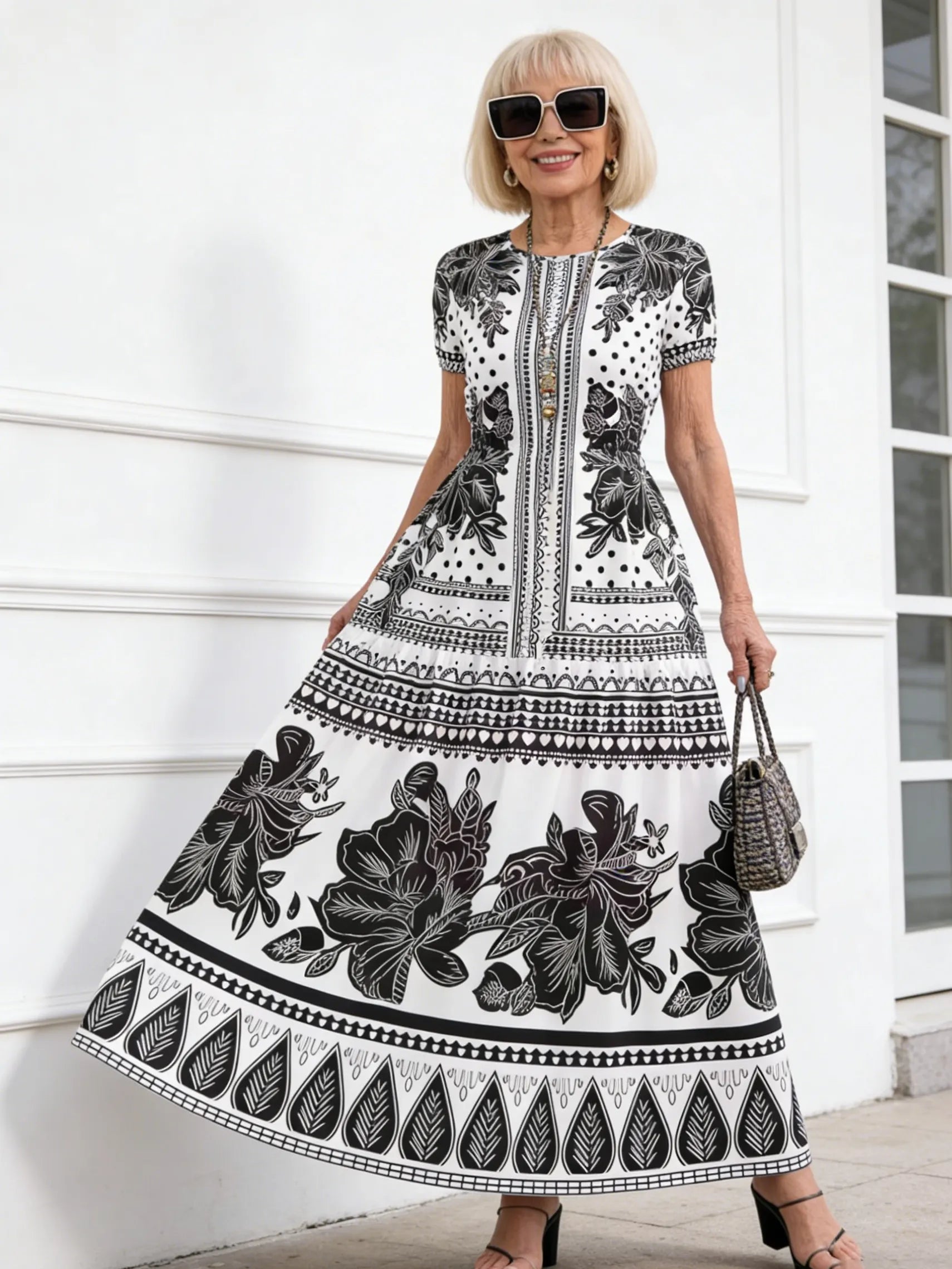 Boho Print Temperament Simple Lace-up Crew Neck Dress Vacation