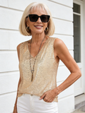 V-Neck Sequin Short Sleeve Ladies Shiny Tank Party Shirt