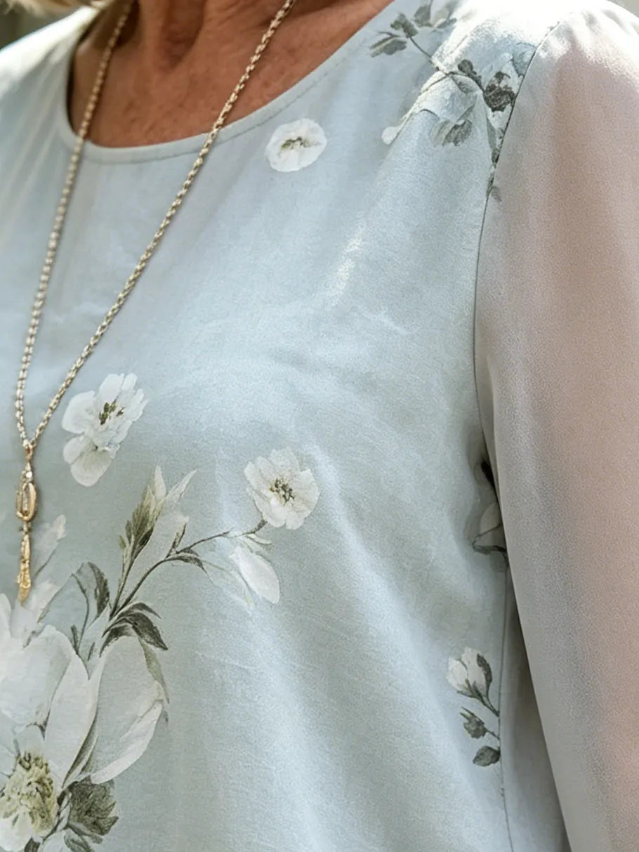 Light Blue Floral Chiffon 2 Piece Outfit, Round Neck Short Sleeve Print Top & Layered Culottes Set for Mature Women