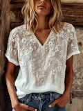 Women's White Floral Art Embroidered Linen Blend V-neck Short Sleeve Top