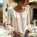 Women's Retro Floral Patchwork Art Embroidery Striped Cotton Linen Long Sleeve Top