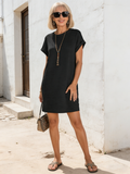 Crew Neck Cuffs Curled Solid Color Short Sleeve Pocket Dress