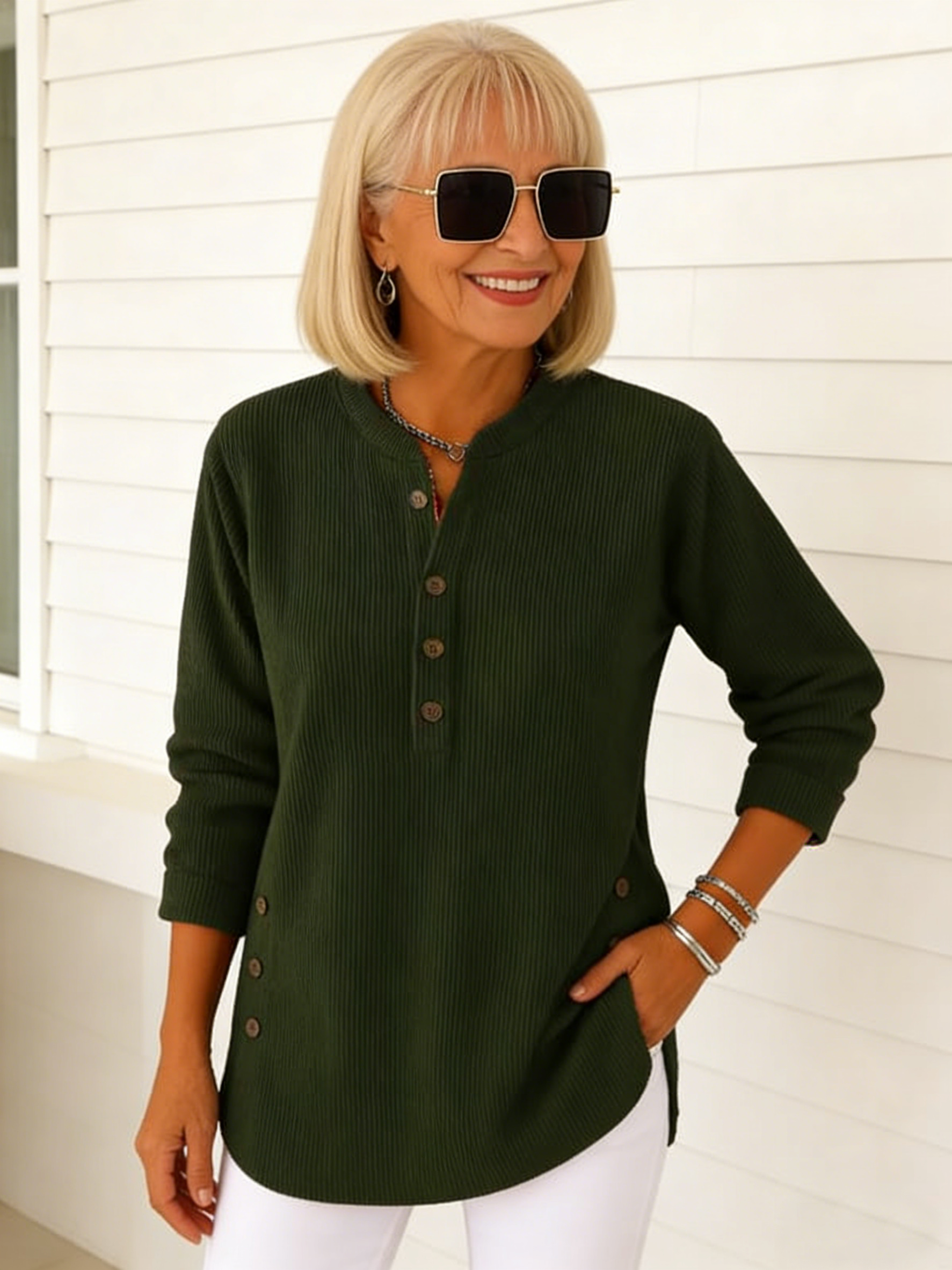 Corduroy Solid Color Loose Casual V-Neck Button Long Sleeve Women's Top T-Shirt