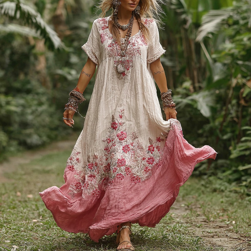Women's Vintage Bohemian Floral Pattern Round Neck Long Dress