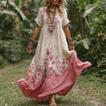 Women's Vintage Bohemian Floral Pattern Round Neck Long Dress