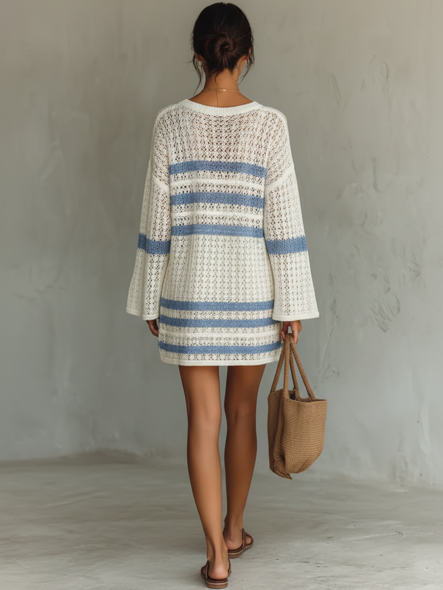 Women's Vacation Style Openwork Knit Striped Mini Dress MDA1806L6Y