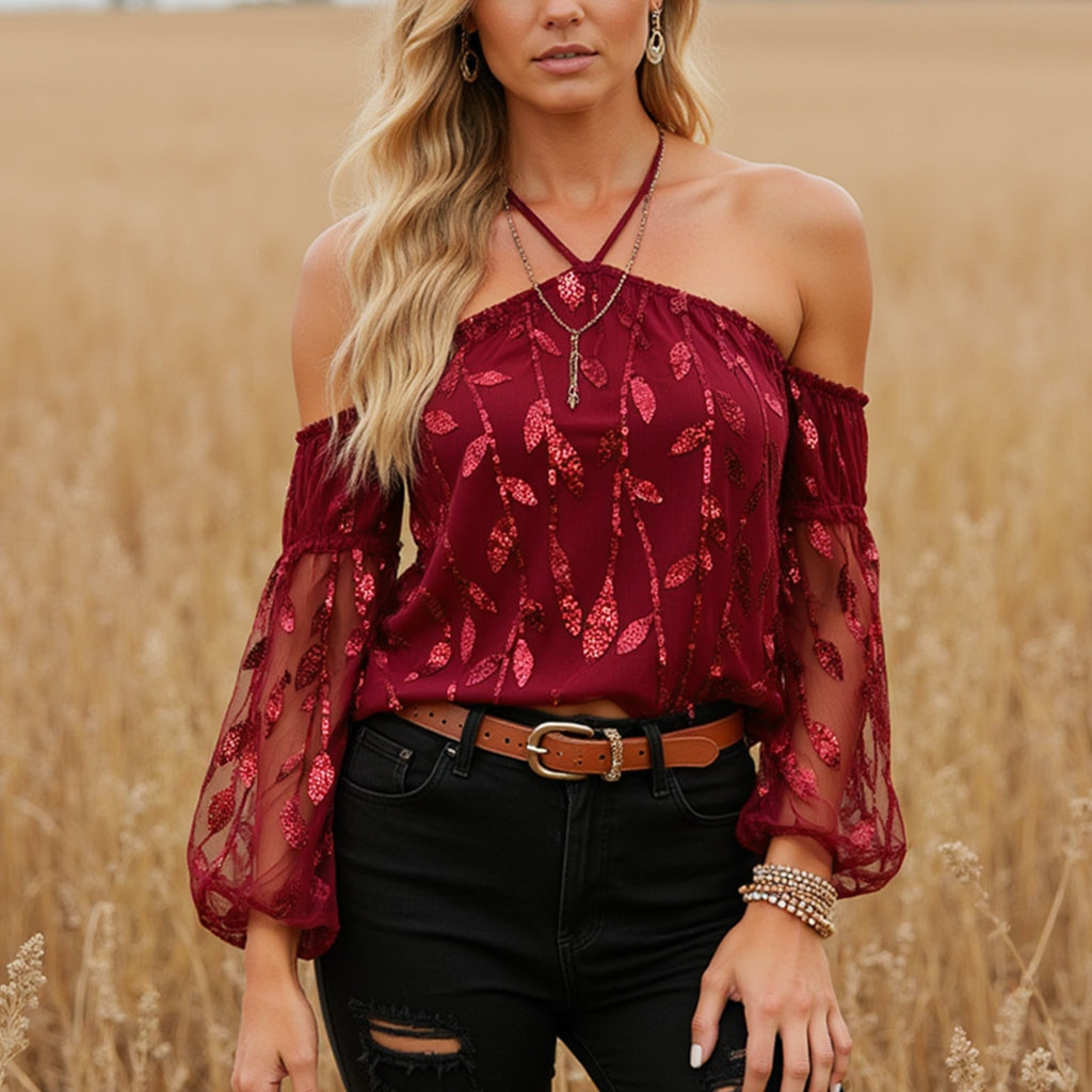 Women's Lace Mesh Embroidery Long Sleeves Top Shirt
