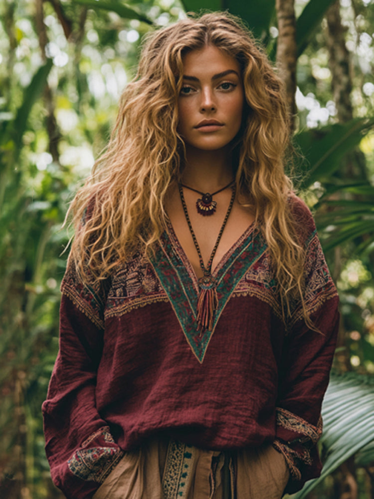 Retro Boho Tribal Embroidery Print Cotton And Linen Blend Loose Blouse